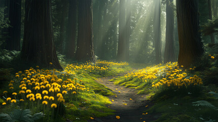 Obraz premium 森の小道とタンポポ — 木漏れ日に輝く自然の美