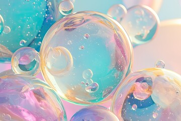 Colorful, iridescent spheres, close-up, pastel background, abstract design