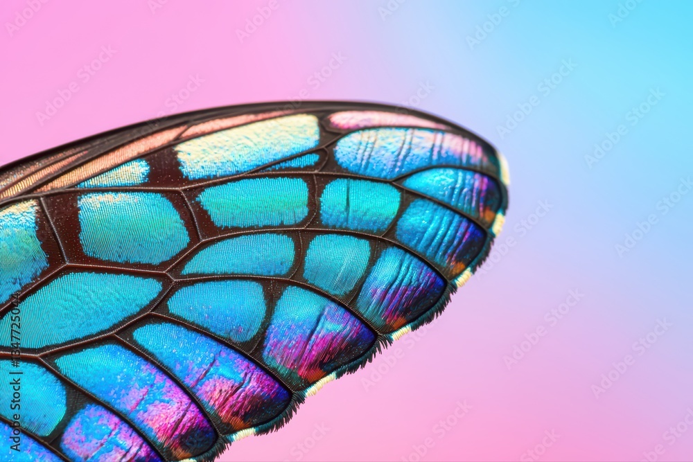 Poster close-up of a colorful butterfly wing on a soft gradient background