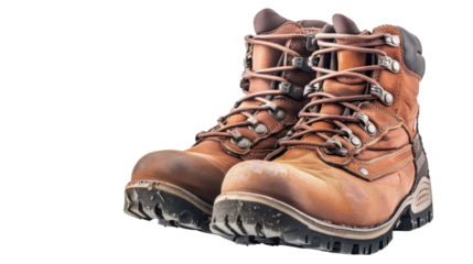 Pair of worn brown hiking boots isolated on transparent background