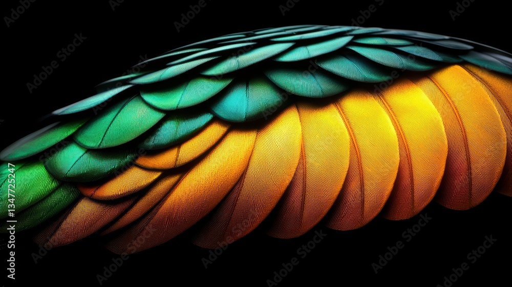Poster close-up capture of hummingbird feathers showcasing vibrant colors and intricate textures