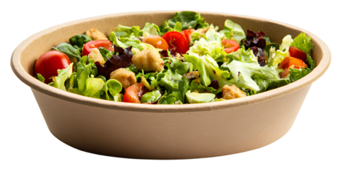 Gourmet photography of a salad in a brown paper bowl, with a full view against a transparent background 