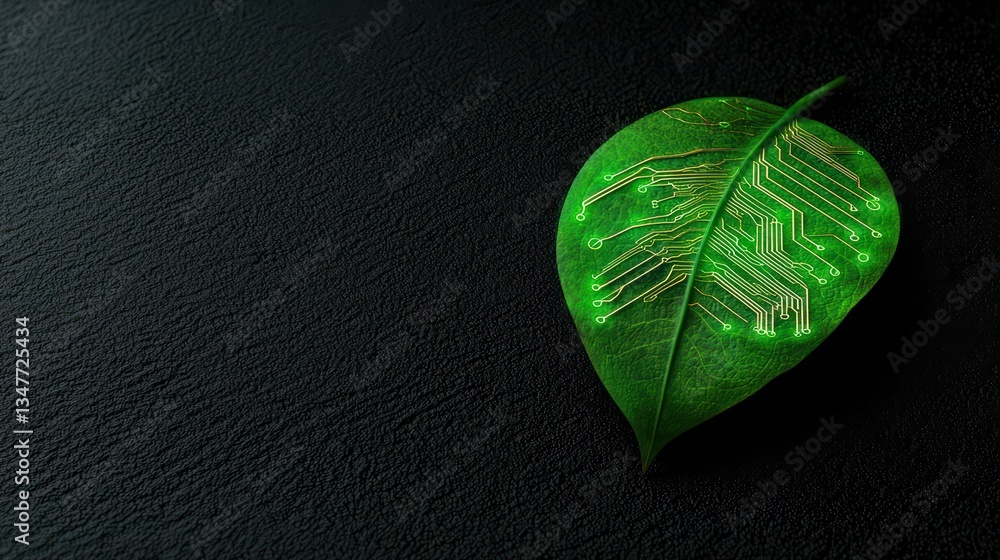 Poster futuristic concept of nature and technology merging in a leaf displaying circuit patterns