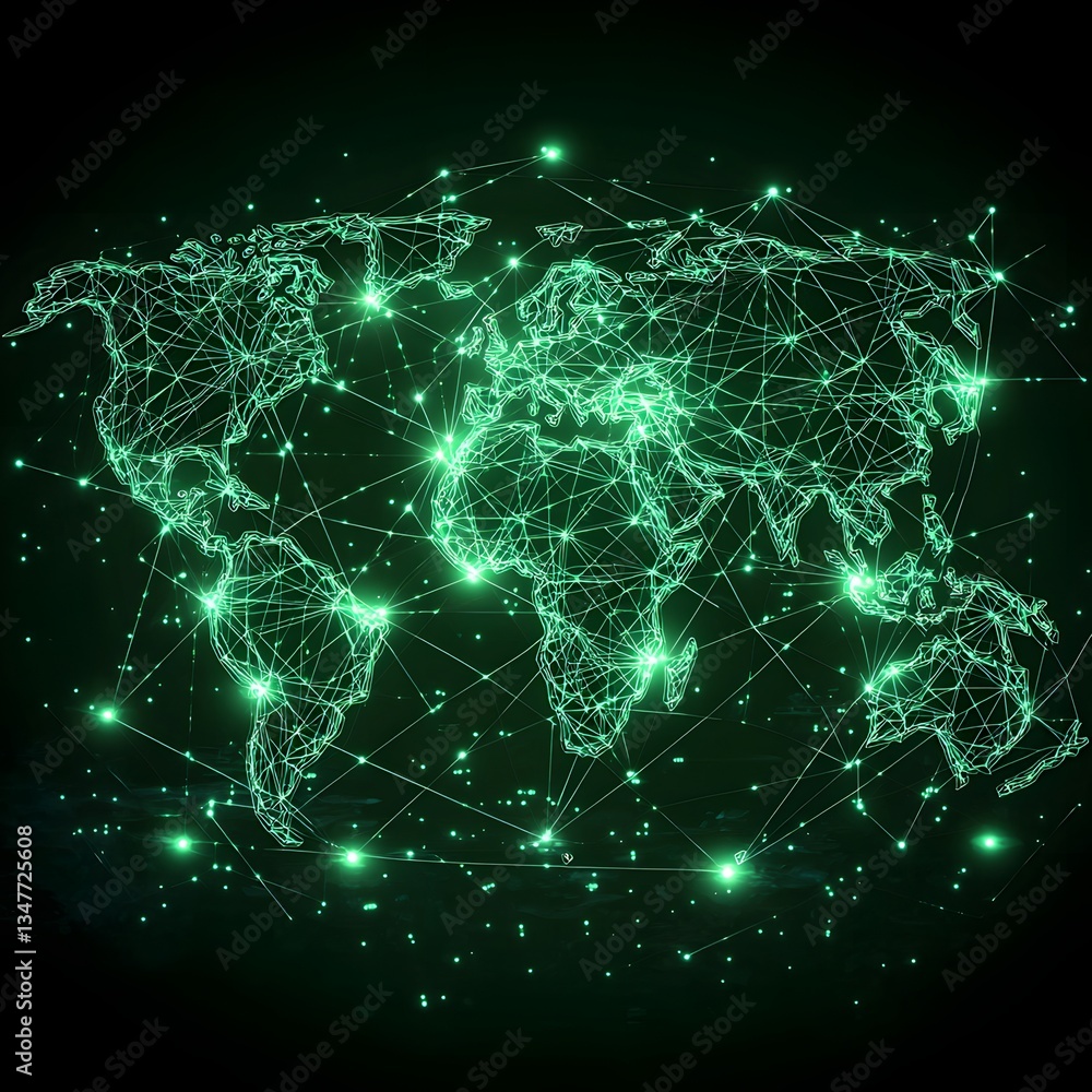 Wall mural global network map with bright green lines and dots on black background