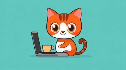 Cute Orange Cat with Laptop Computer Illustration
