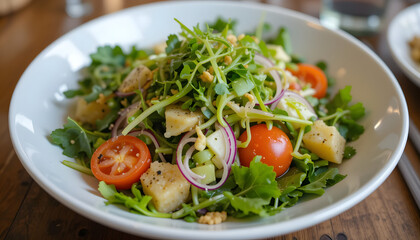 Fresh Green Salad with Tomatoes and Cheese in White Bowl