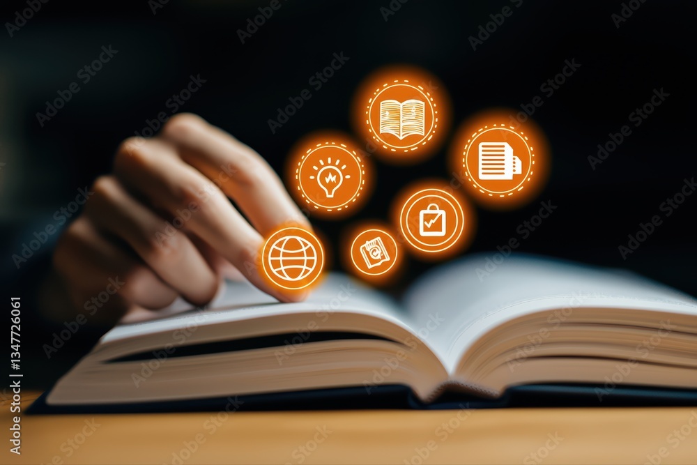 Poster close-up of hand pointing at open book with personal development concepts illustrations