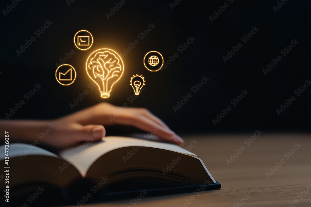 Poster concept of personal development with open book and creative icons above hand in dark background