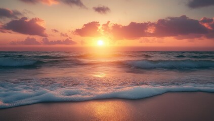 Fototapeta premium Dramatic sunset over ocean waves at beach