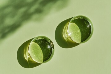 Green spheres, shadow, pastel background, health supplement