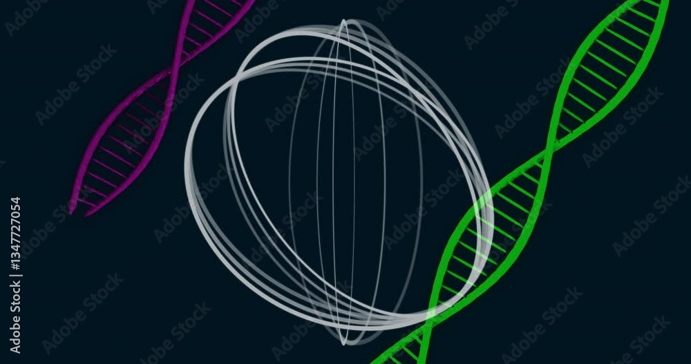 Poster animation of dna strands intertwining with geometric shapes on dark background