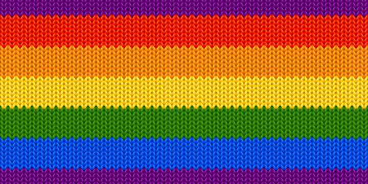 Rainbow wool knitting seamless pattern. Knitwear fabric with lgbt flag colors. Background of handmade plaid or sweater from rainbow yarn. Lgbtq pride flag from crochet cloth, vector illustration