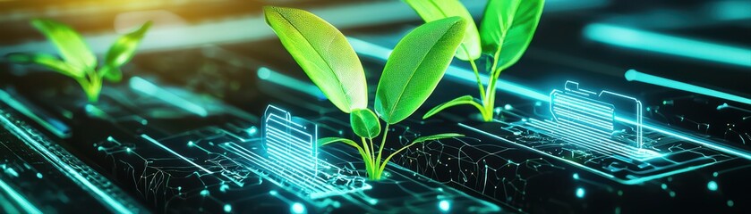 Obraz premium Close Up of Sustainable Innovation Concept with AI and Green Leaves on Digital Circuit Background