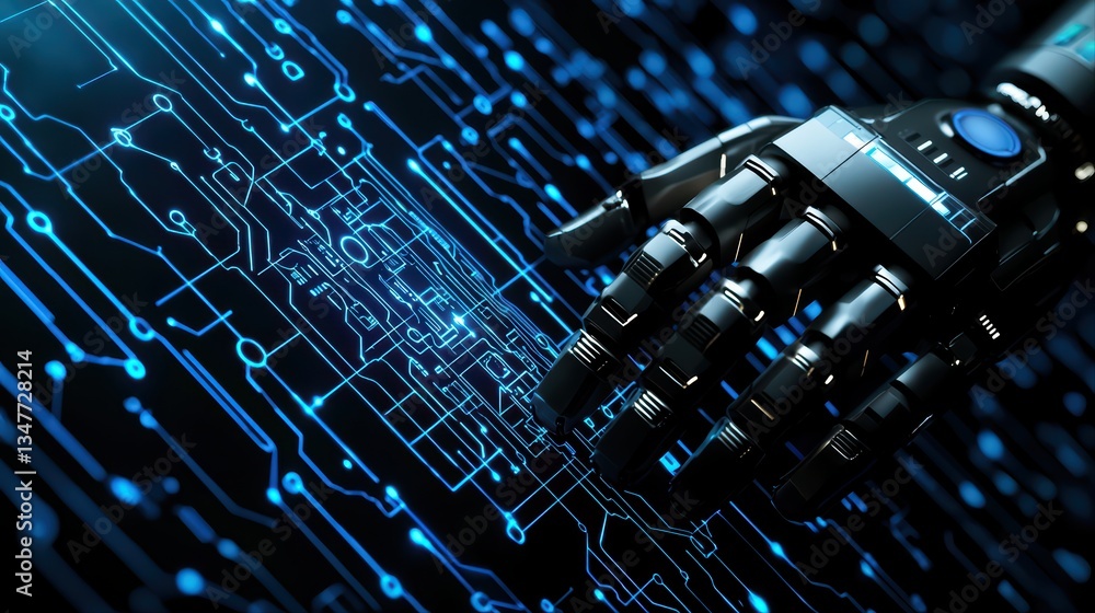 Poster futuristic robotic hand interacting with a technological circuit board background