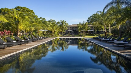 Obraz premium Tropical resort pool, lounge chairs, villa background, vacation