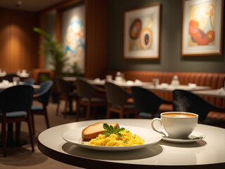 Fototapeta premium Modern Restaurant Interior with Contemporary Art & Exquisite Scrambled Eggs Presentation