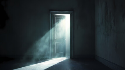 Obraz premium A dark, abandoned room with a bright light coming in through the doorway. Haunting Luster. Illustration