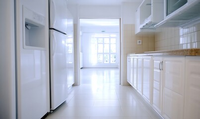 Bright kitchen interior, hallway view, tiled floor, sunlight
