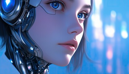 Futuristic cyborg woman profile in city background