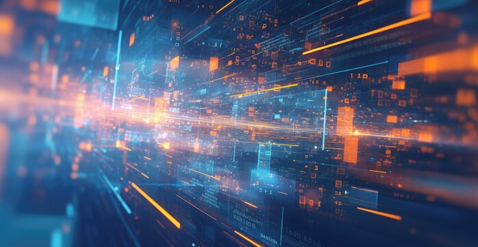 Futuristic digital data stream tunnel, glowing lines and blocks, network background