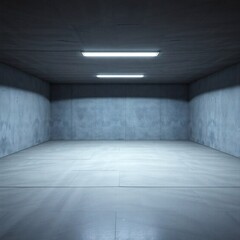 Fototapeta premium An architectural depiction of an isolated, empty room, highlighting the geometric perspective and cold artificial lighting in a monochromatic concrete space