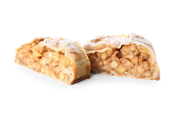 Pieces of tasty pear strudel on white background