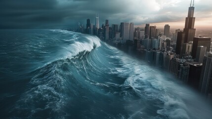 City buldings and giant tide wave ravaging coast town in a hurricane storm.