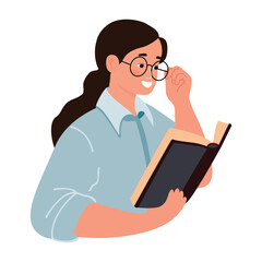 Cartoon illustration with  reading young woman.  Female character holds a book in one hand and glasses in the other. Vector design with student and textbook. Blue, grey and beige colors on white. 