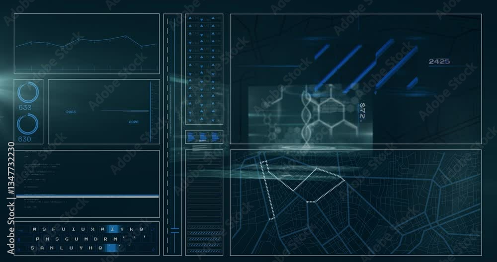 Poster displaying futuristic digital interface with data charts and hexagonal patterns