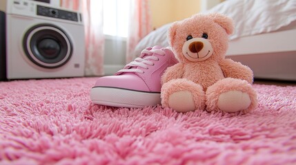 Pink shoes and teddy bear on a pink rug in a child's room