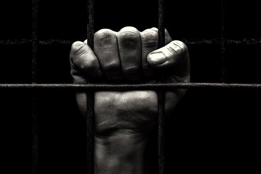 Hand gripping bars, dark prison cell. Social injustice concept