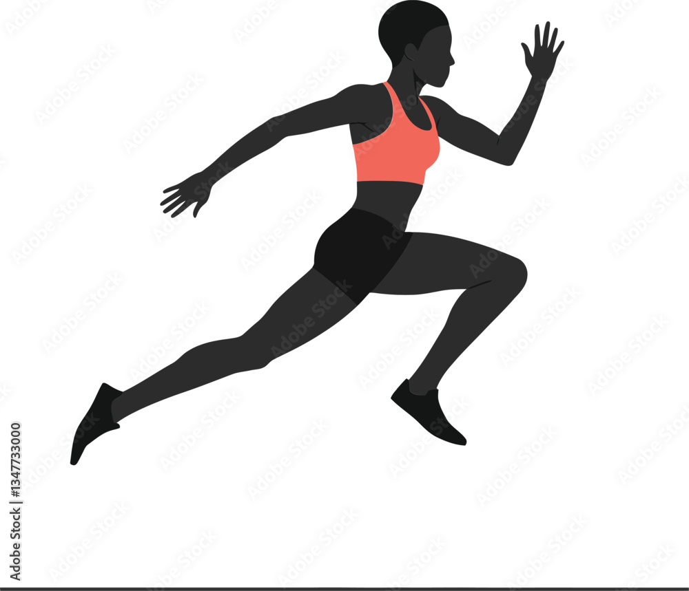 Poster dynamic female runner in active pose showcasing strength and agility in minimal flat design vector a