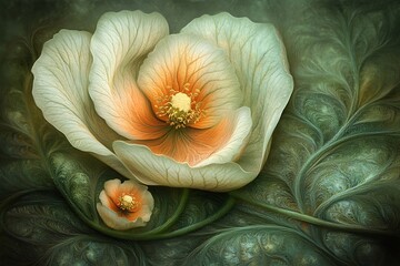 Artistic floral composition featuring luminous white and orange flowers