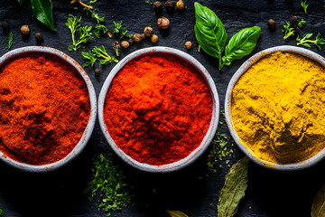 Colorful spices in bowls, herbs, dark background, food photography, recipe
