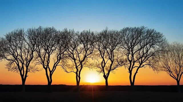 Silhouetted trees standing in a row against an orange and blue sunset sky over a horizon.