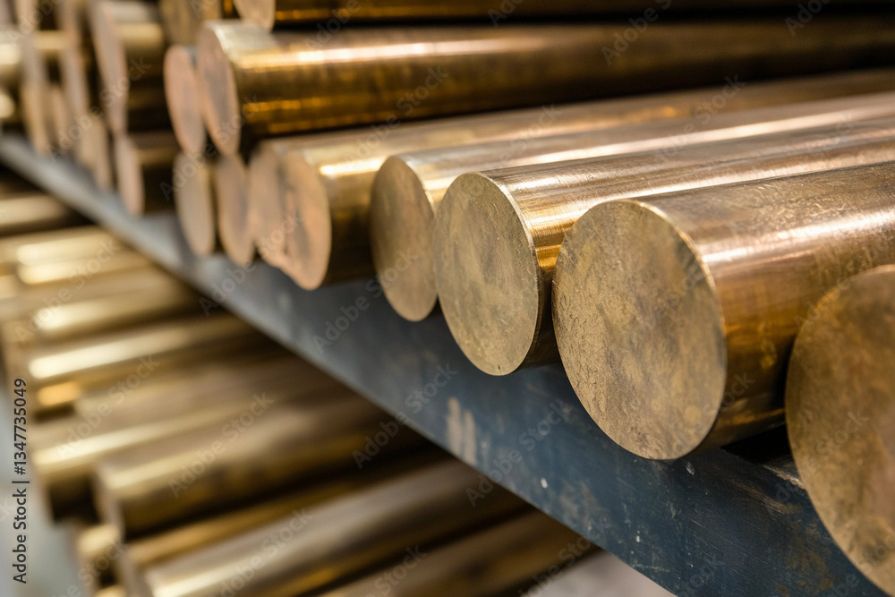 Poster large round bronze alloy bars stacked in industrial storage generative ai