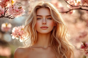 Fototapeta premium Commercial drawing. Spring mood, golden hour in sunset. Stunning caucasian young woman surrounded by cherry blossoms. Joyful woman in spring garden. Lively woman in spring garden.