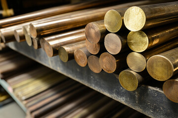 Large round bronze alloy bars stacked on a shelf Generative AI