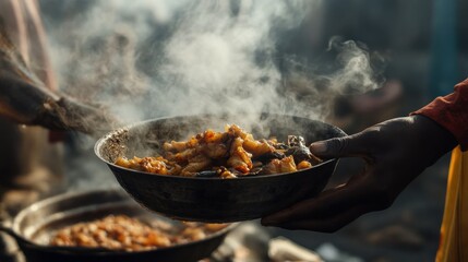 Vendor's flavorful offering: A close-up of freshly cooked delicacies presented with warmth