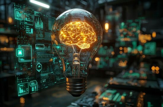 A virtual illustration of a glowing blue brain accompanied by a learning icon represents the notion of creative thinking in the context of education and knowledge acquisition