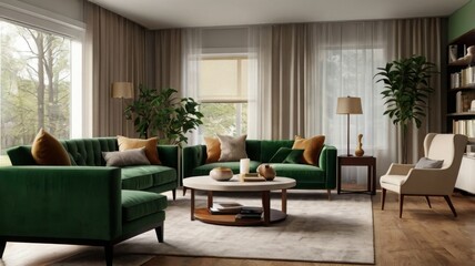 Cozy Modern Living Room with Vibrant Green Accents and Natural Light