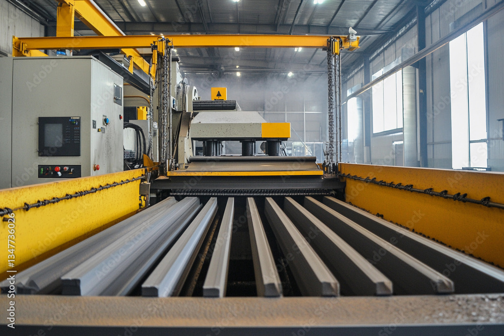 Poster Shot blasting machine operates on metal plates in factory Generative AI