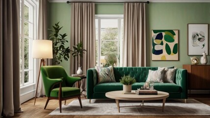 Cozy Modern Living Room with Vibrant Green Accents and Natural Light