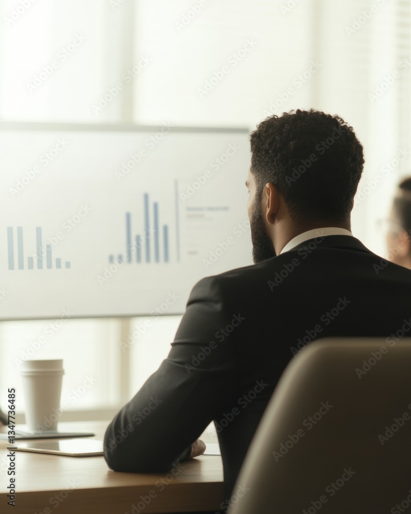 Poster analyzing business data trends office setting digital presentation professional environment back vie