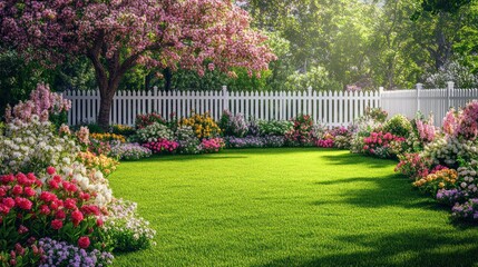 Spring garden, blooming flowers, sunlit lawn, white fence, backyard relaxation