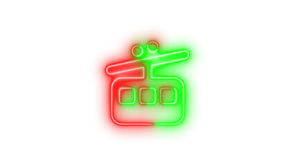 Neon cable car icon green red color glowing with transparent background
