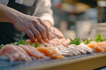 A sushi chef meticulously preparing a sashimi platter in a traditional Japanese restaurant, precision in culinary arts