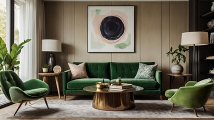 Cozy Modern Living Room with Vibrant Green Accents and Natural Light