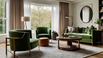 Cozy Modern Living Room with Vibrant Green Accents and Natural Light