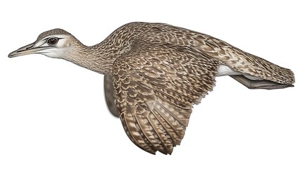 A bird in flight against a blank white background